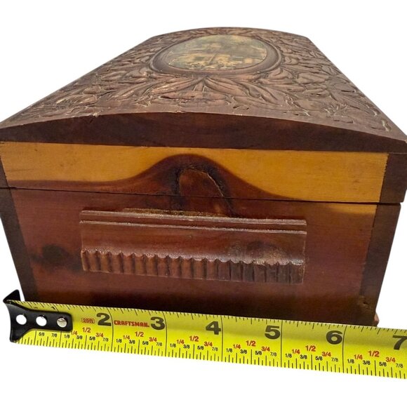 Wooden Jewelry Trinket Box Floral Carving Cottage Scene Mirror Rounded Lid Vtg - Picture 11 of 12